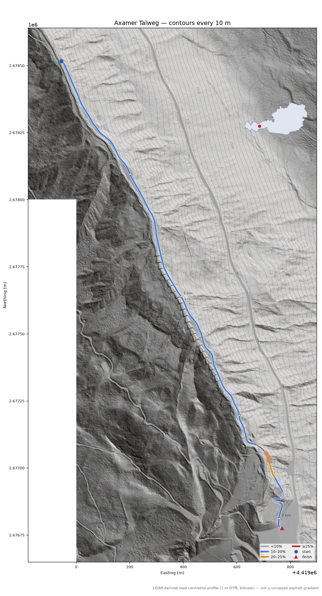 Axamer Talweg LiDAR hillshade map with contours