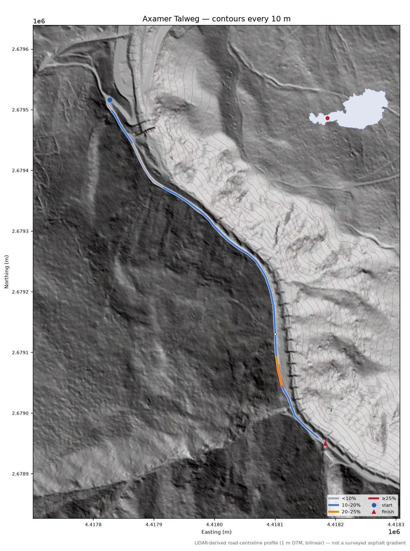 Axamer Talweg LiDAR hillshade map with contours