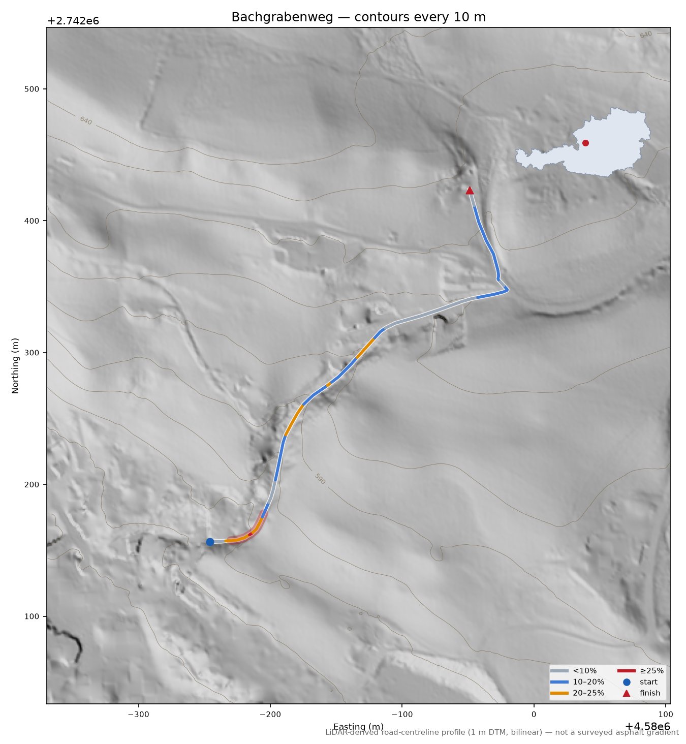 Bachgrabenweg LiDAR hillshade map with contours