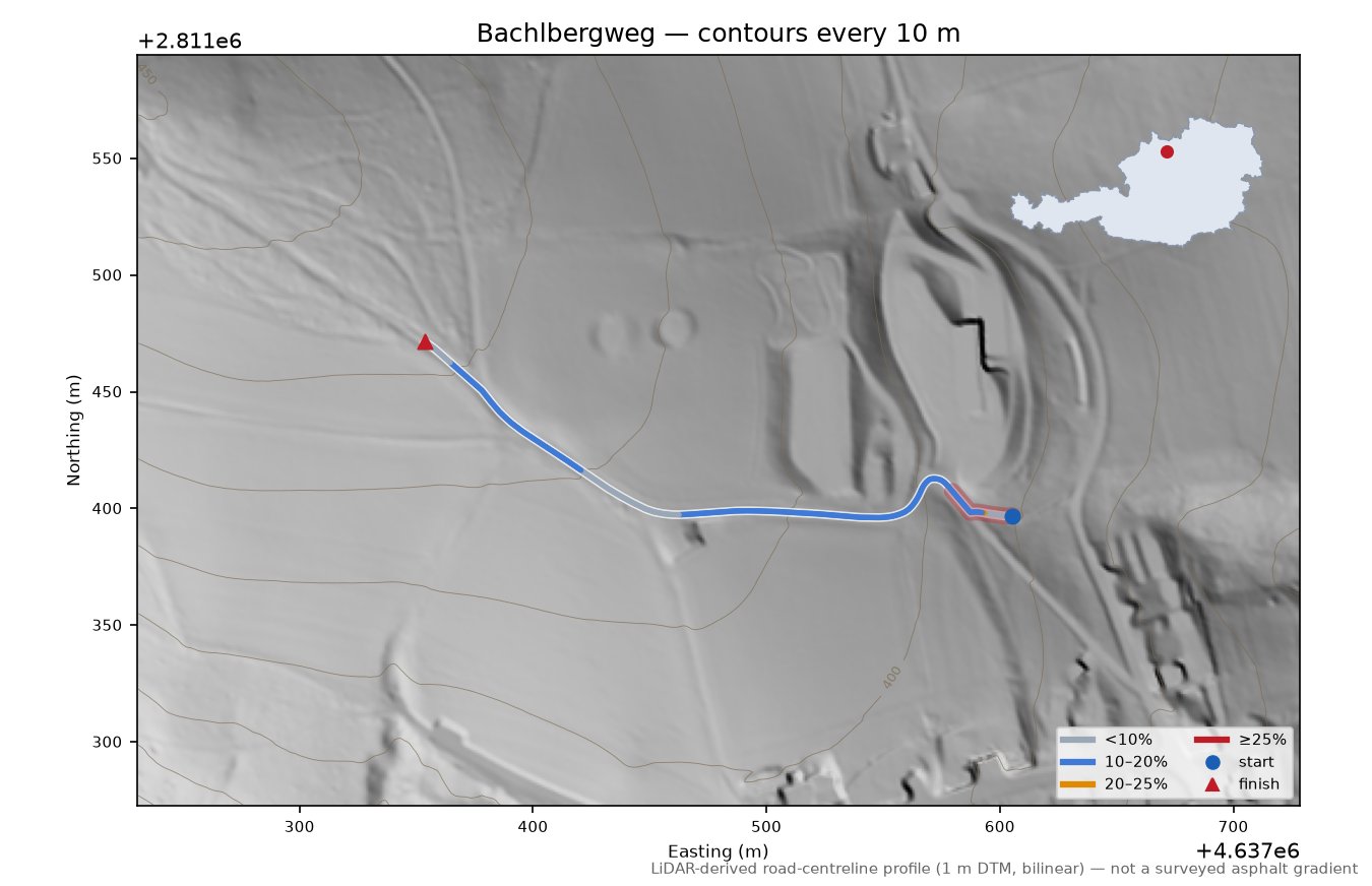 Bachlbergweg LiDAR hillshade map with contours