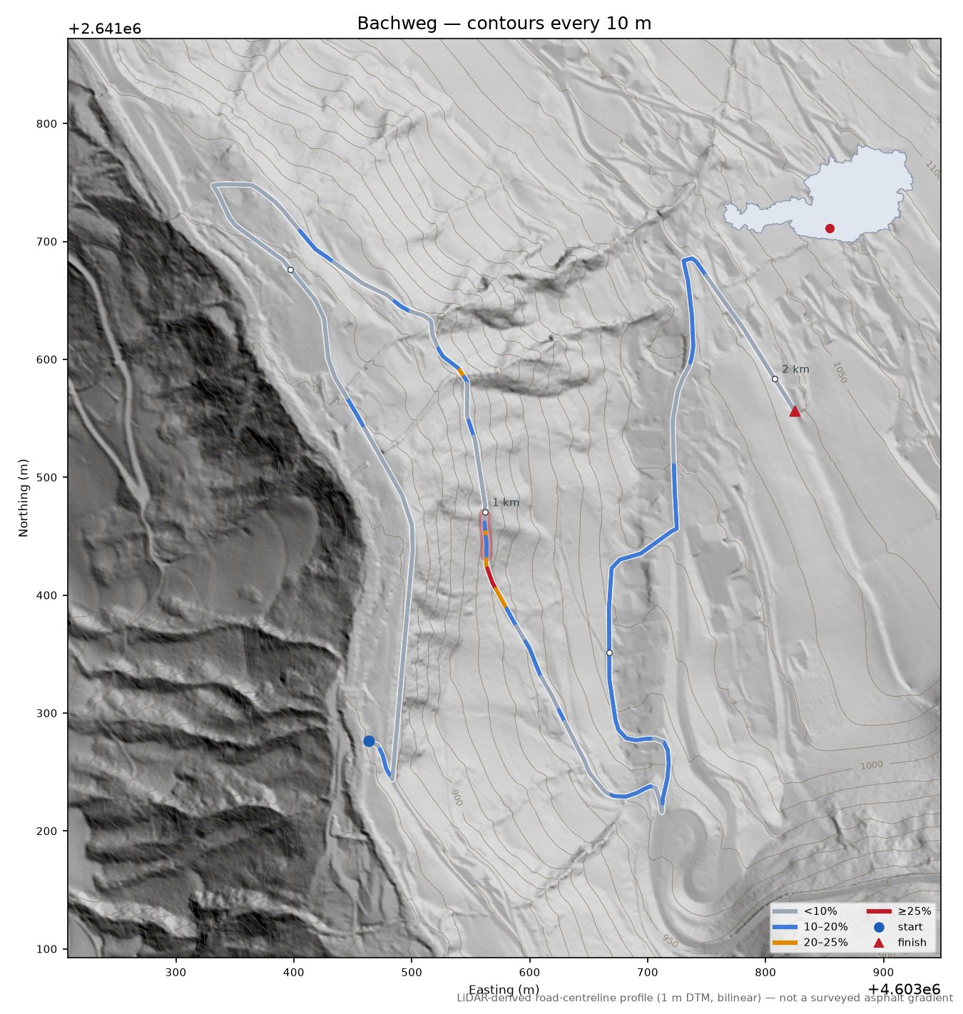 Bachweg LiDAR hillshade map with contours
