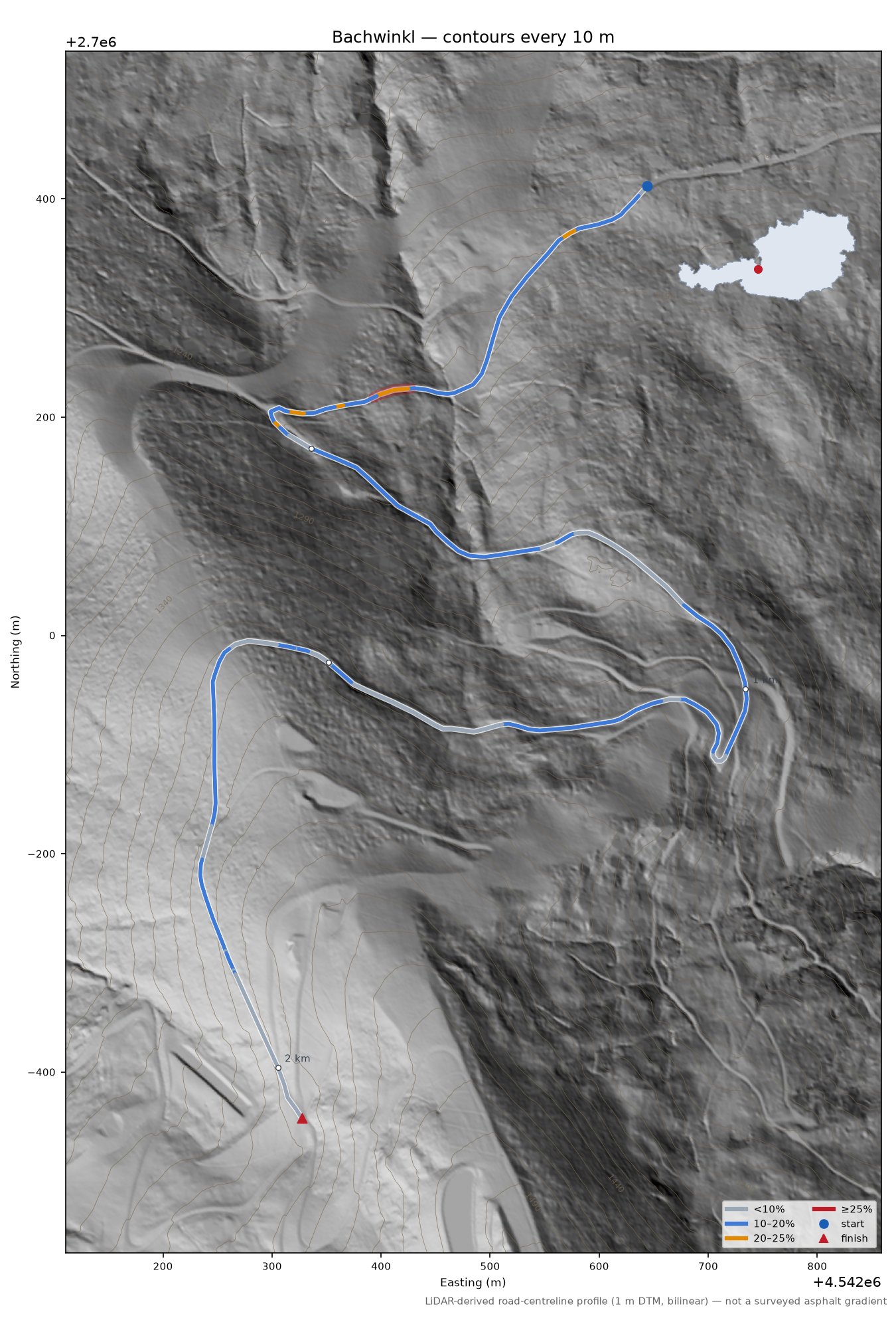Bachwinkl LiDAR hillshade map with contours