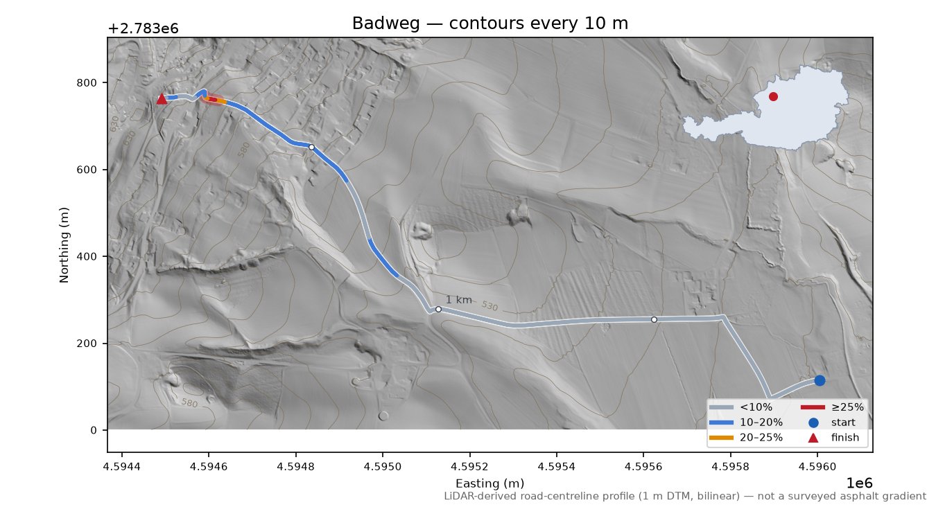 Badweg LiDAR hillshade map with contours