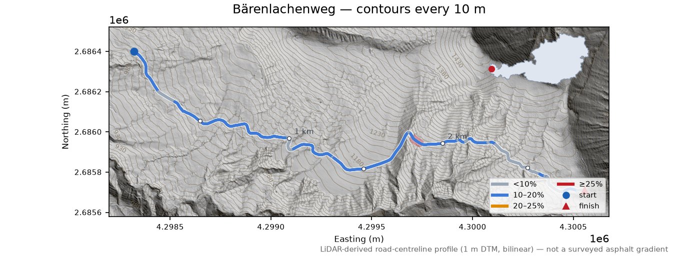Bärenlachenweg LiDAR hillshade map with contours