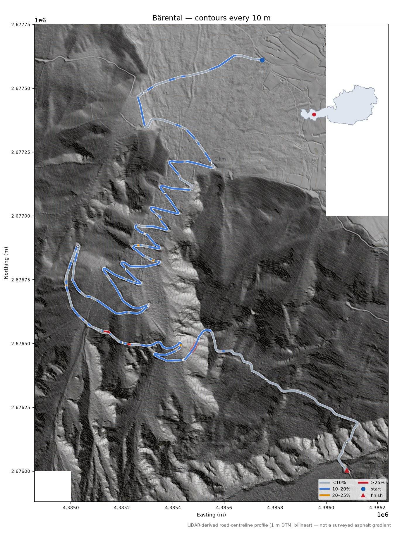 Bärental LiDAR hillshade map with contours