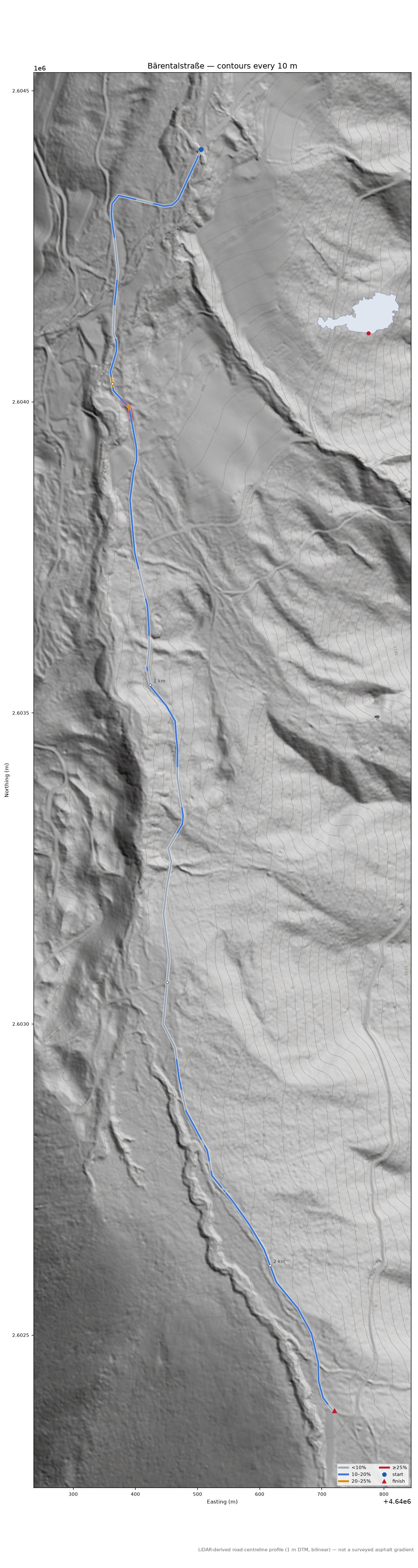 Bärentalstraße LiDAR hillshade map with contours