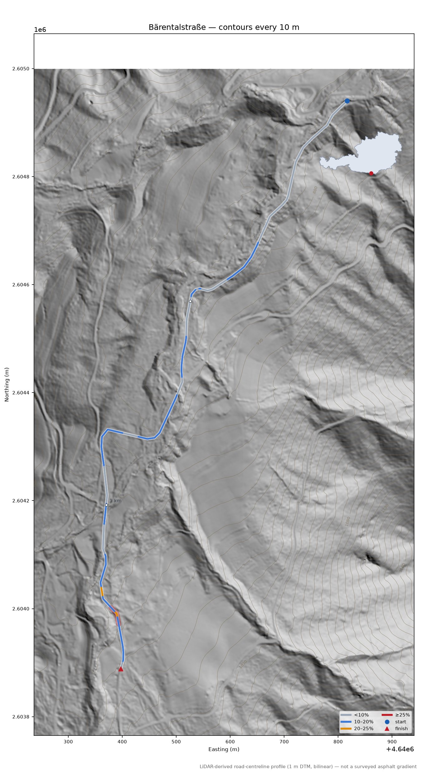 Bärentalstraße LiDAR hillshade map with contours