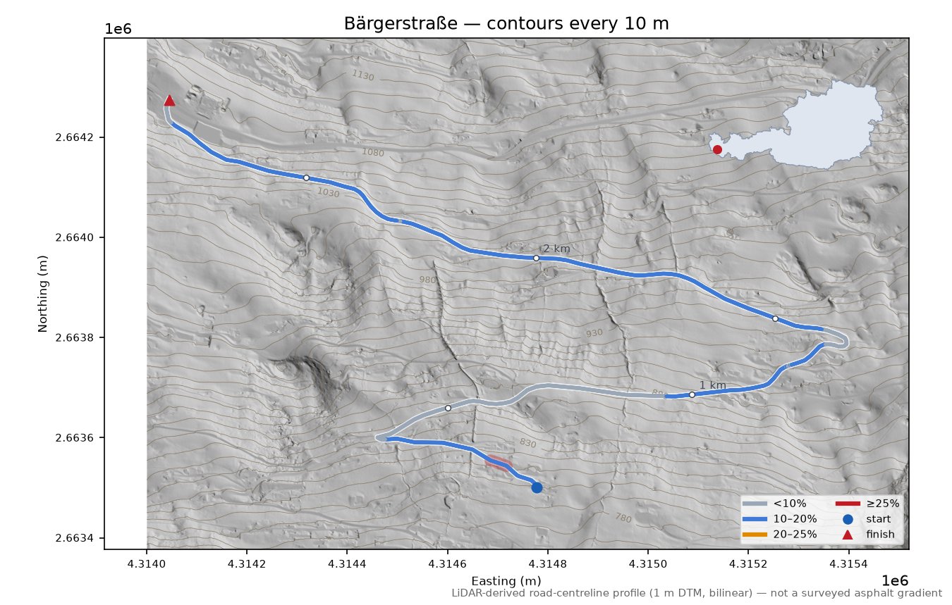 Bärgerstraße LiDAR hillshade map with contours