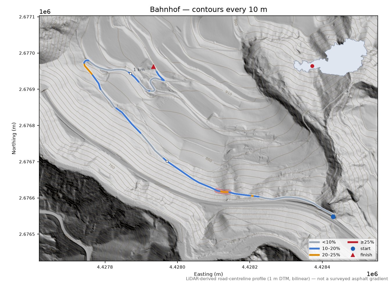 Bahnhof LiDAR hillshade map with contours