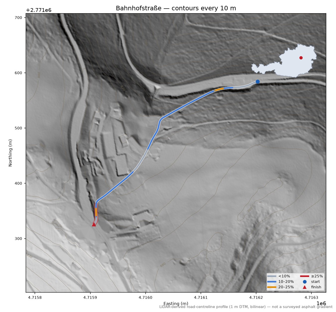 Bahnhofstraße LiDAR hillshade map with contours