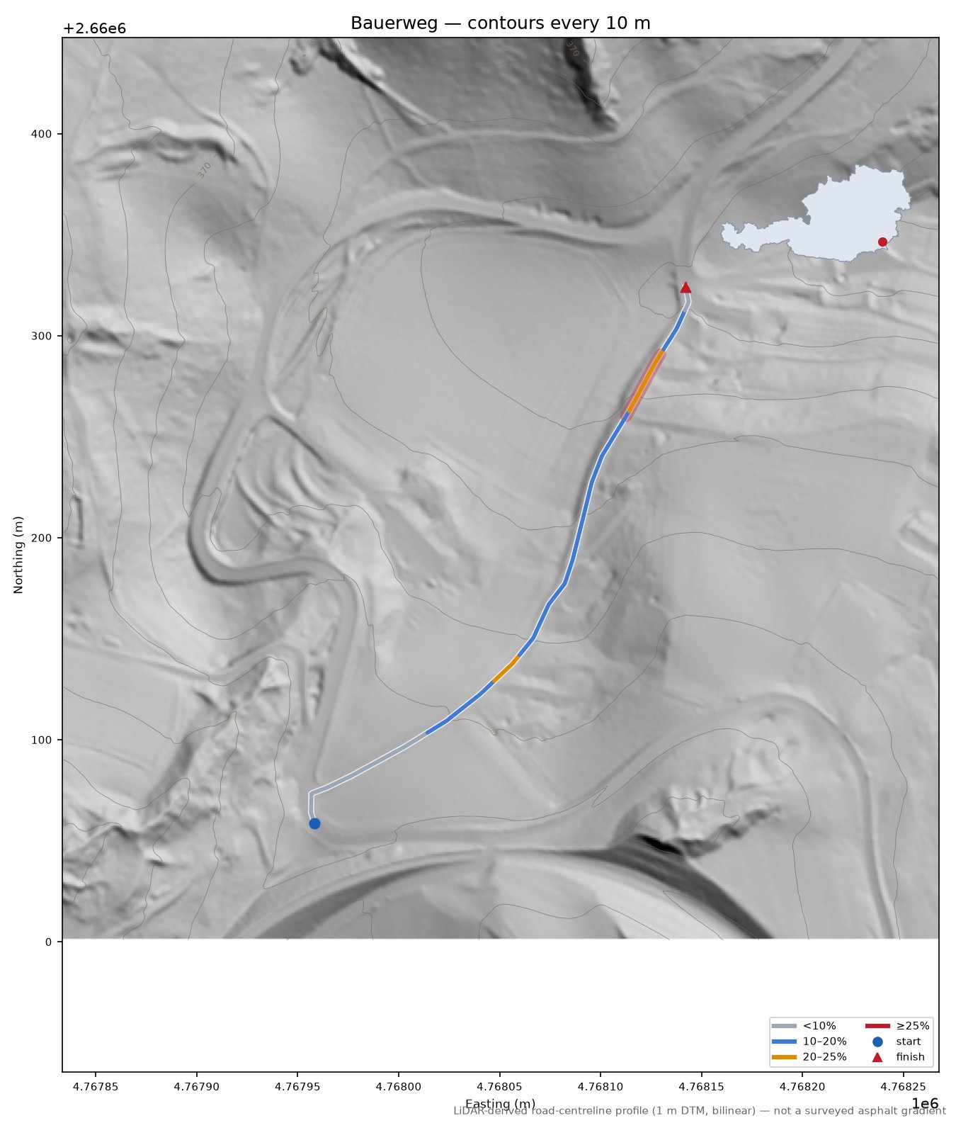 Bauerweg LiDAR hillshade map with contours