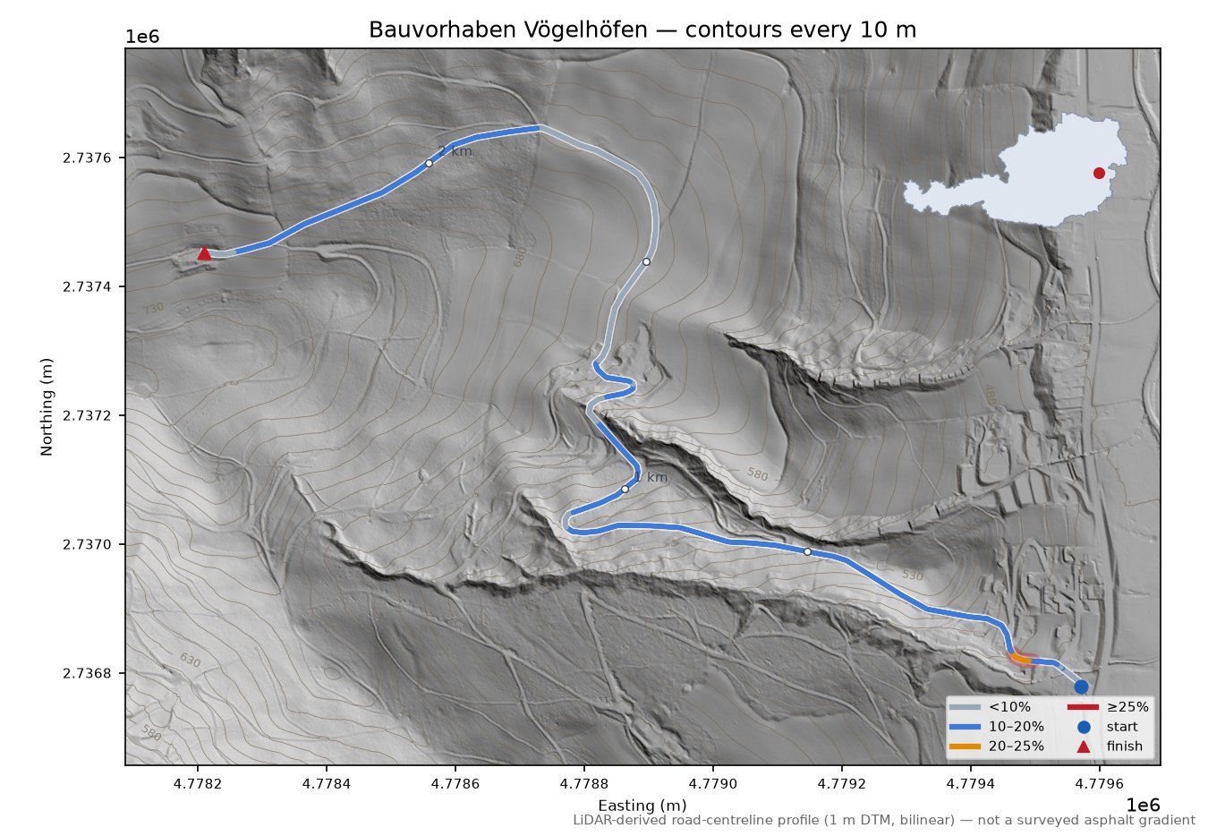 Bauvorhaben Vögelhöfen LiDAR hillshade map with contours