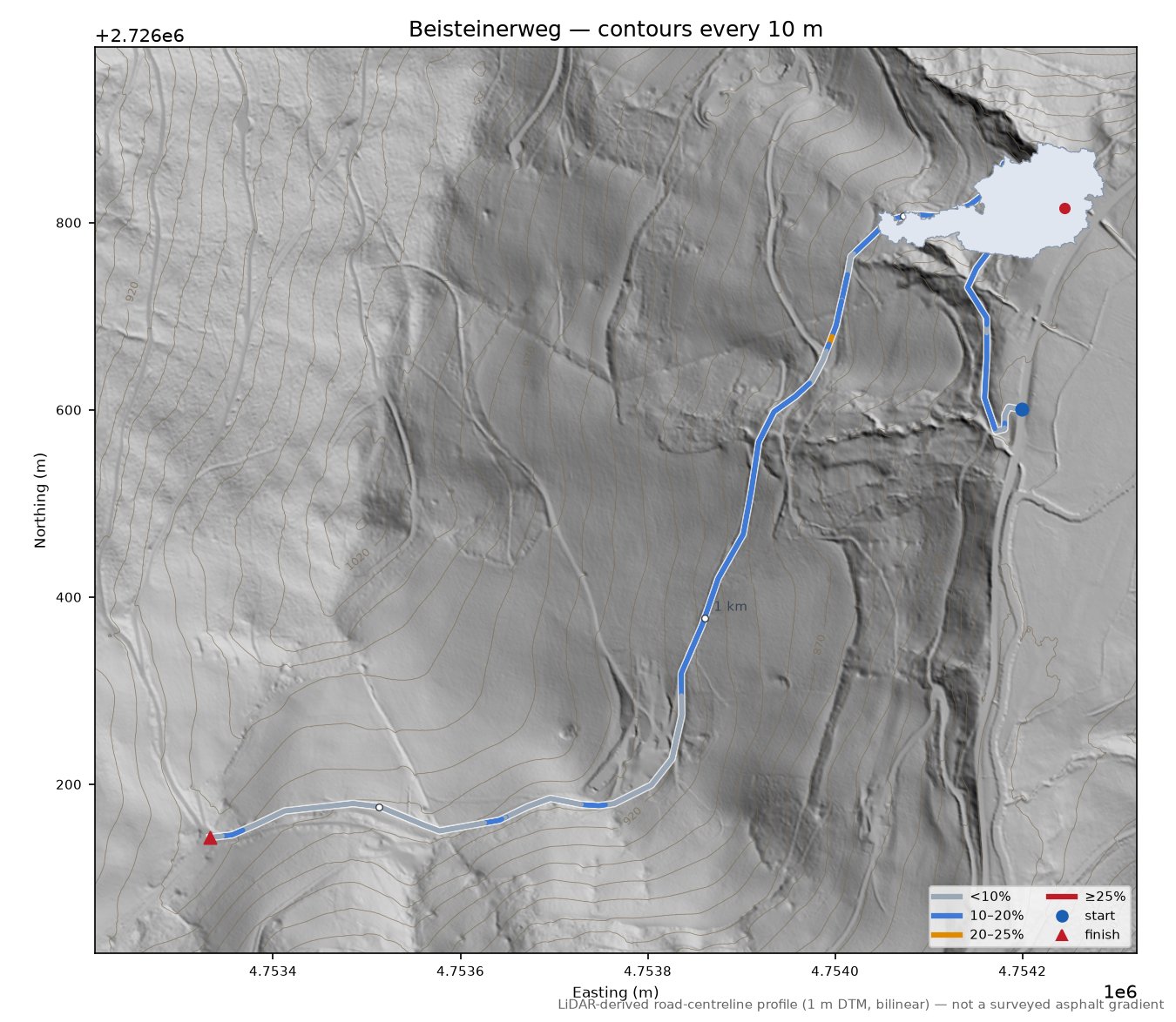 Beisteinerweg LiDAR hillshade map with contours