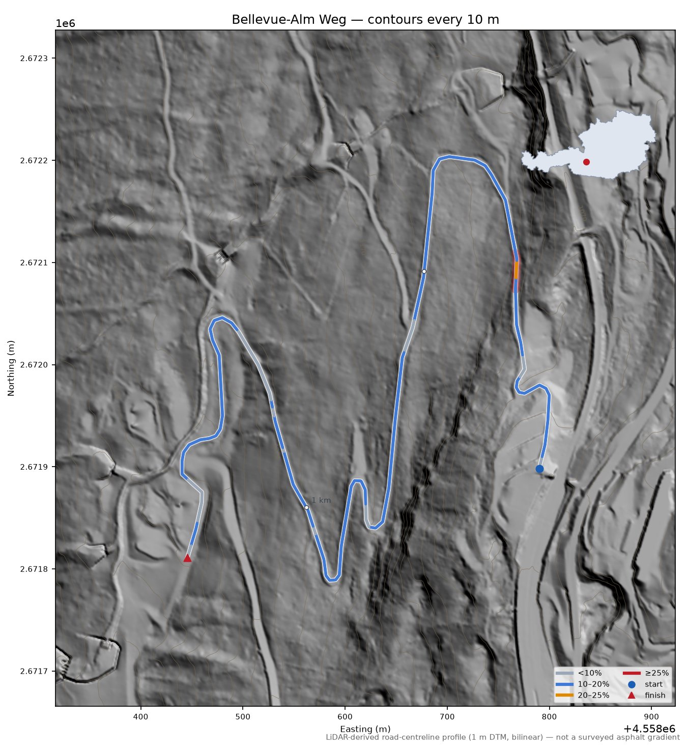 Bellevue-Alm Weg LiDAR hillshade map with contours