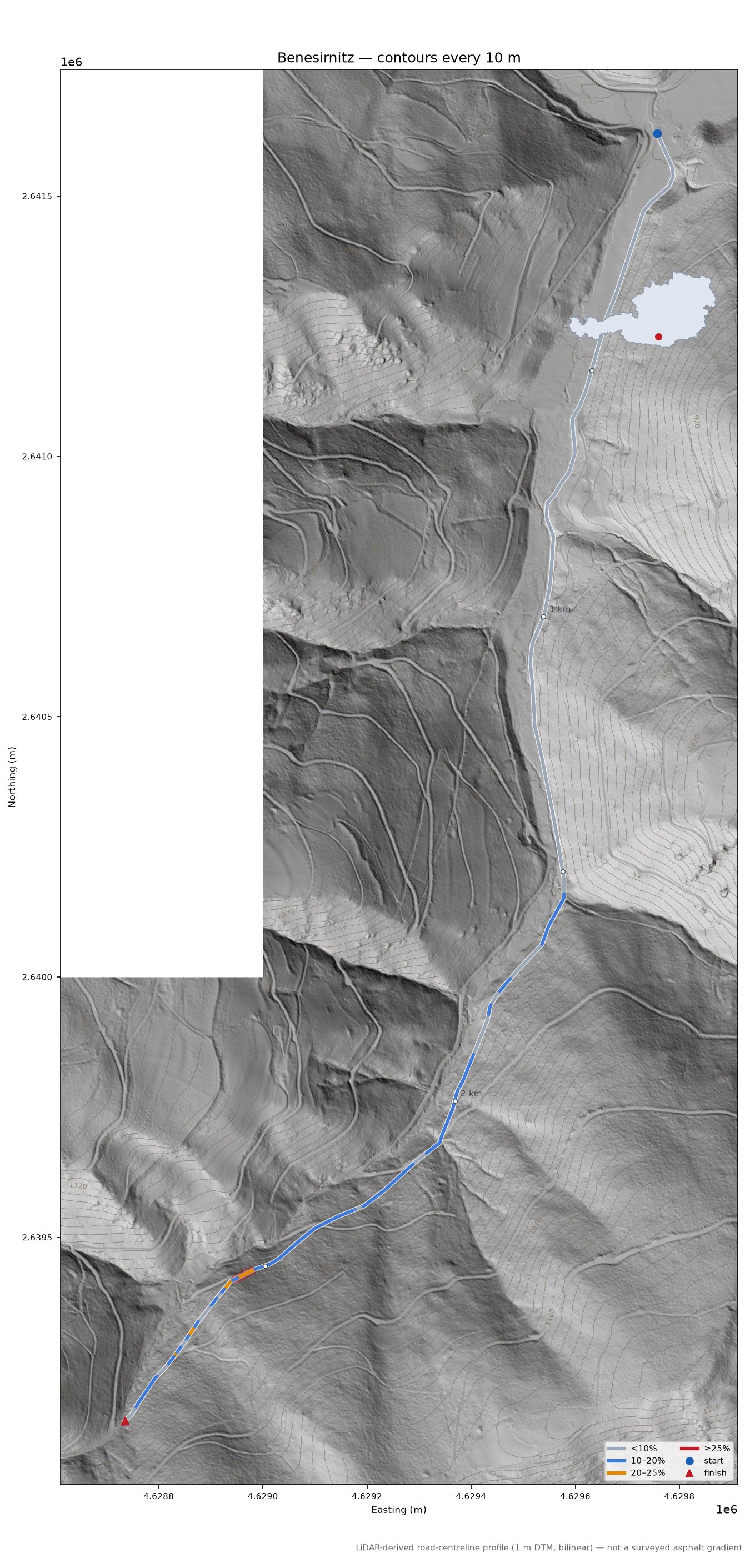 Benesirnitz LiDAR hillshade map with contours