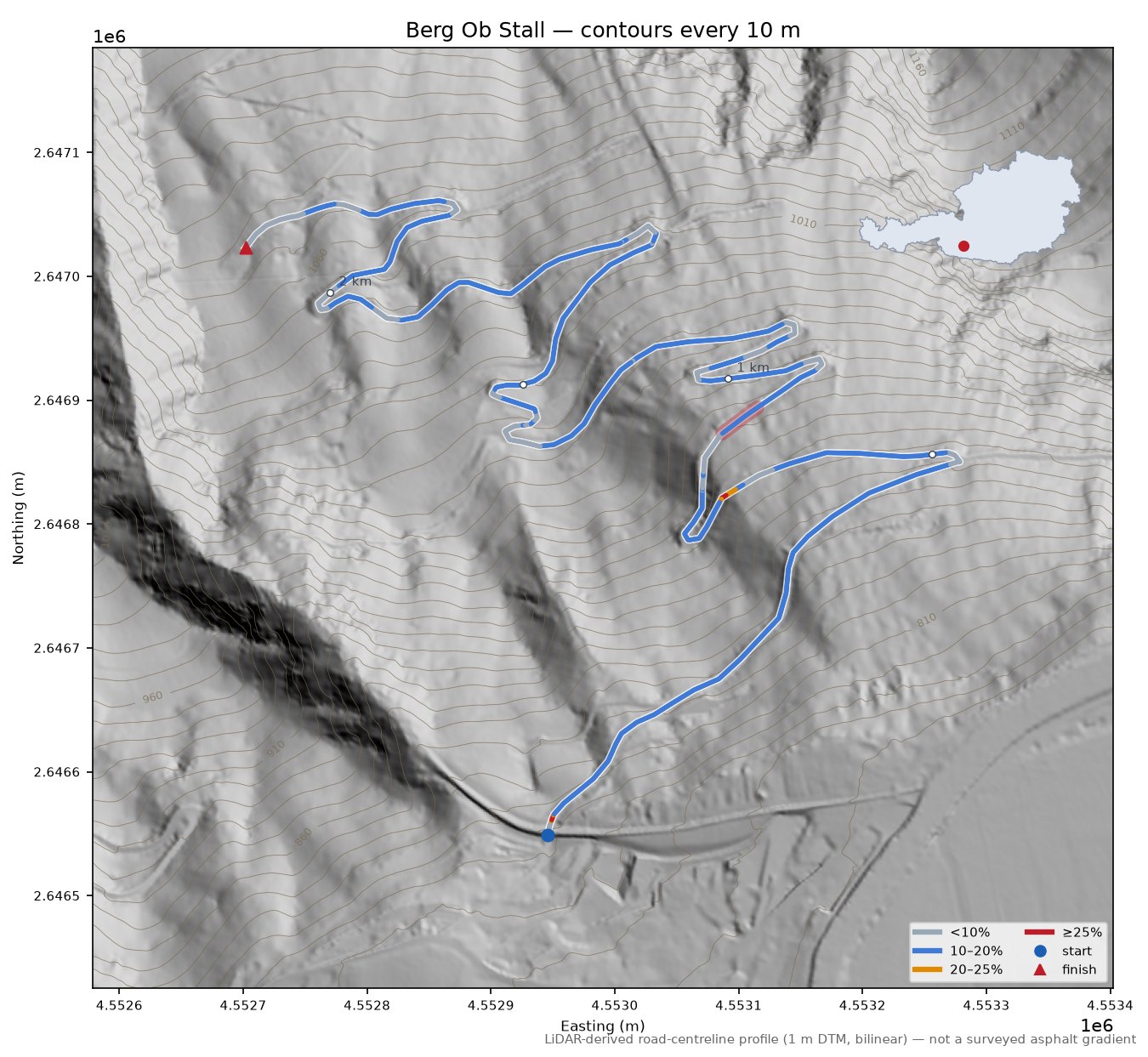 Berg Ob Stall LiDAR hillshade map with contours