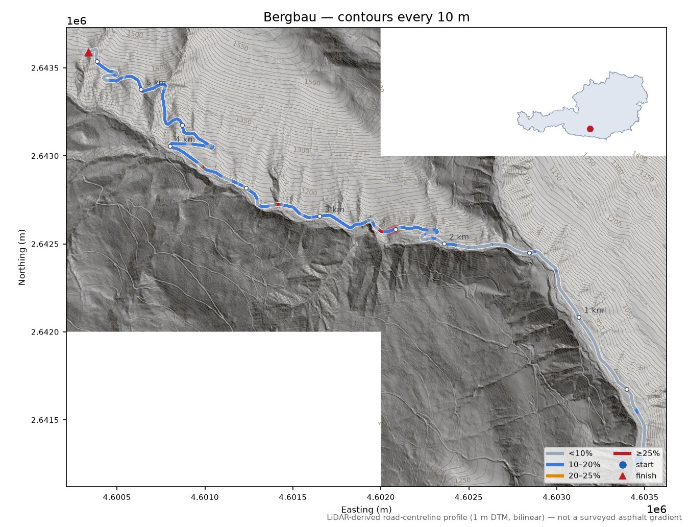 Bergbau LiDAR hillshade map with contours