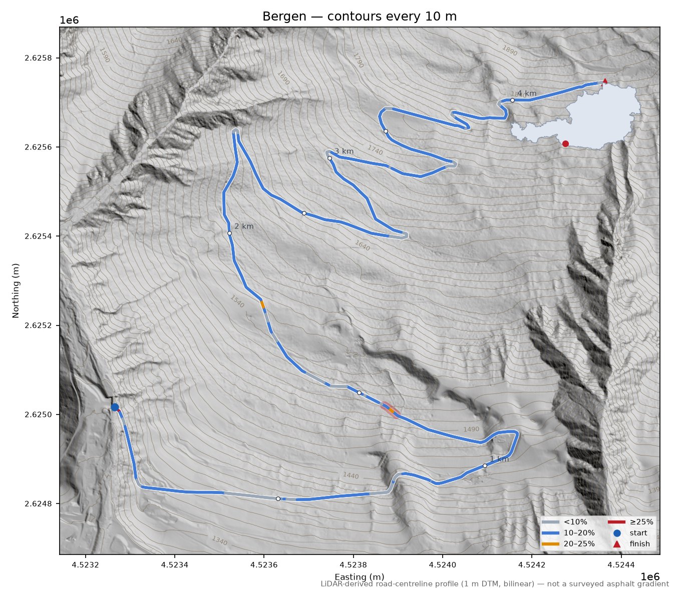 Bergen LiDAR hillshade map with contours