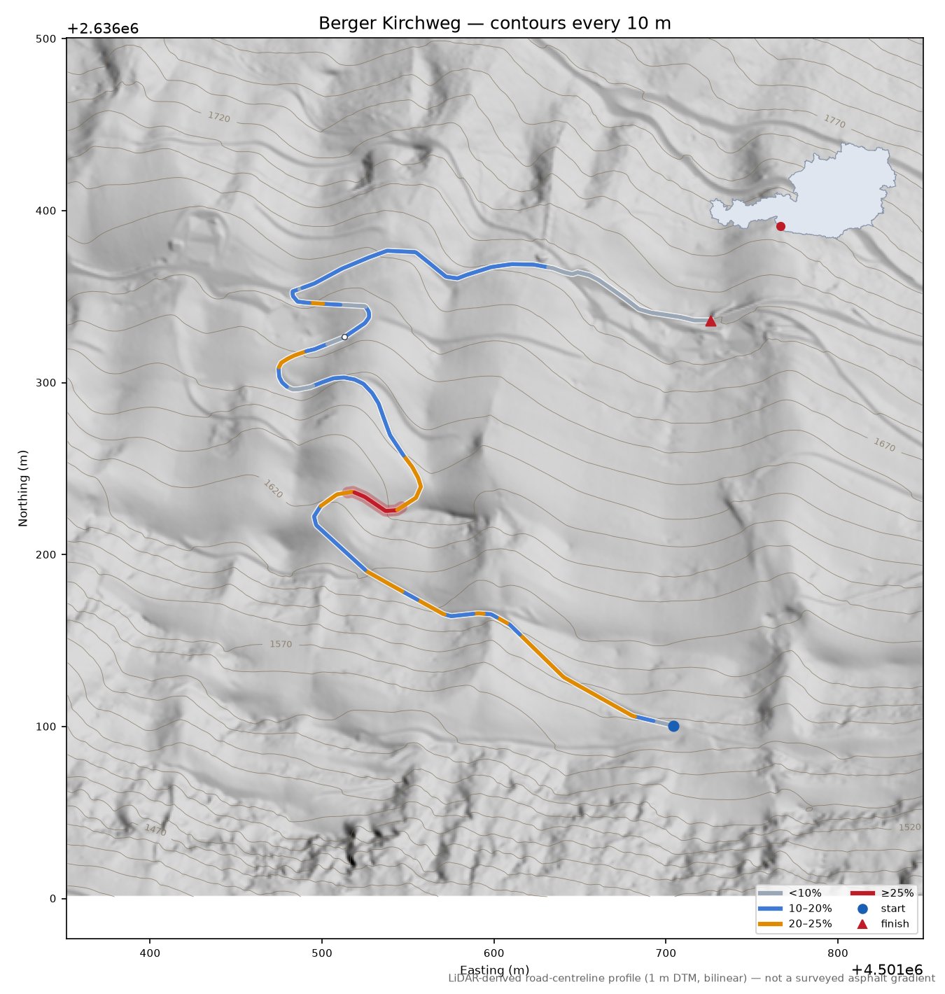 Berger Kirchweg LiDAR hillshade map with contours