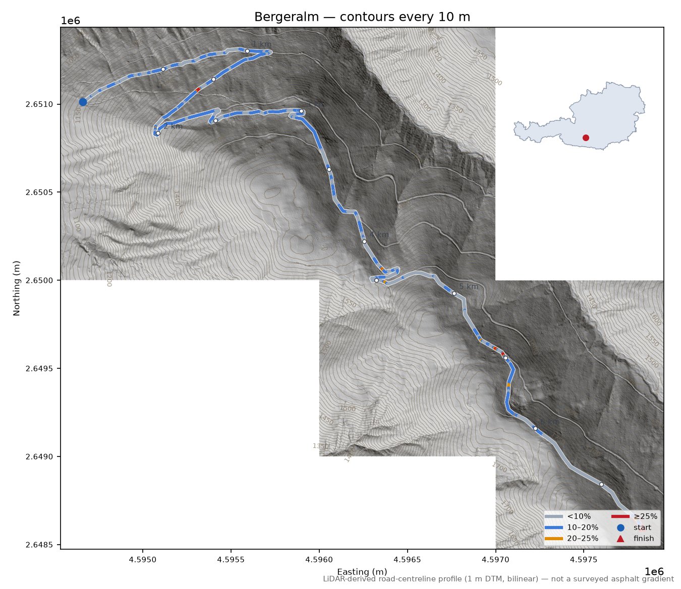 Bergeralm LiDAR hillshade map with contours