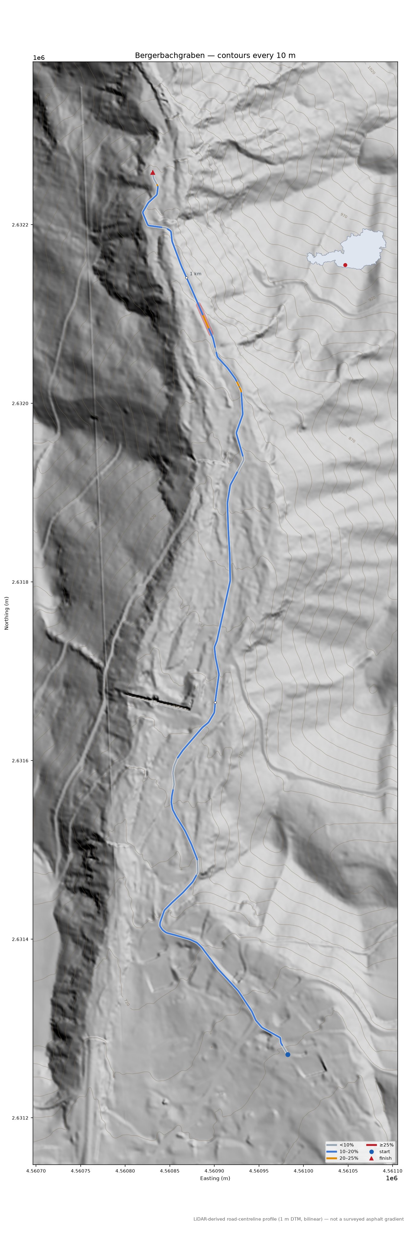 Bergerbachgraben LiDAR hillshade map with contours