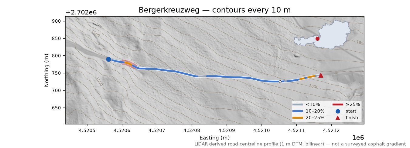 Bergerkreuzweg LiDAR hillshade map with contours