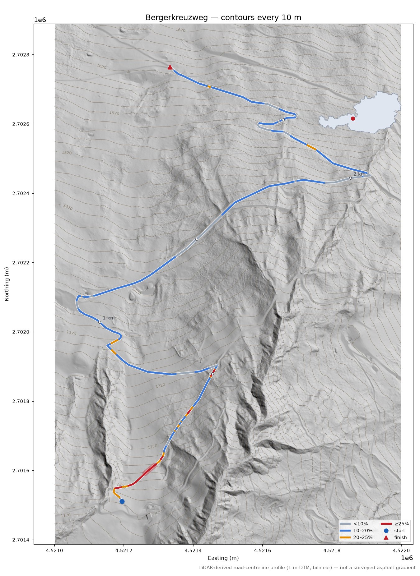 Bergerkreuzweg LiDAR hillshade map with contours