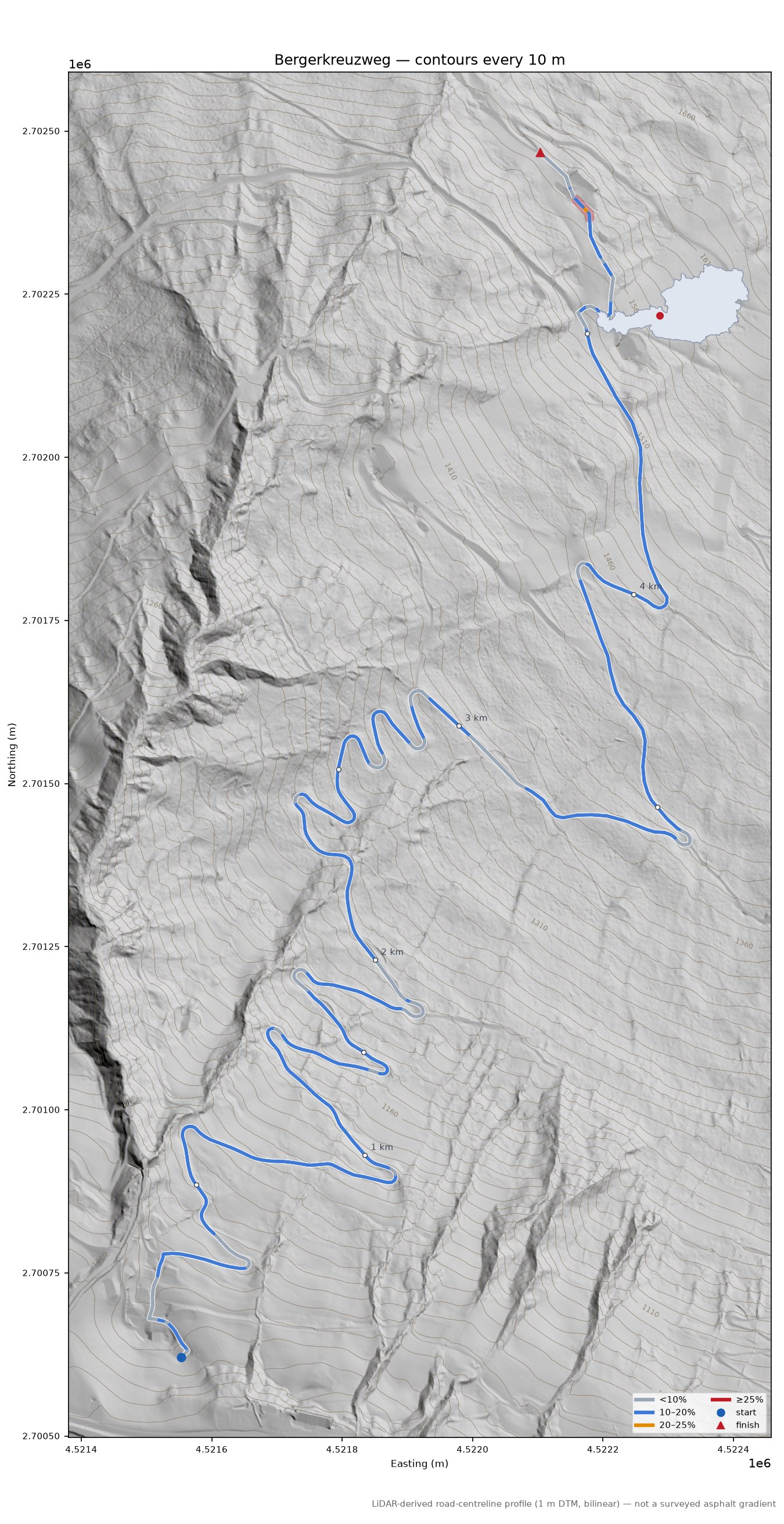 Bergerkreuzweg LiDAR hillshade map with contours