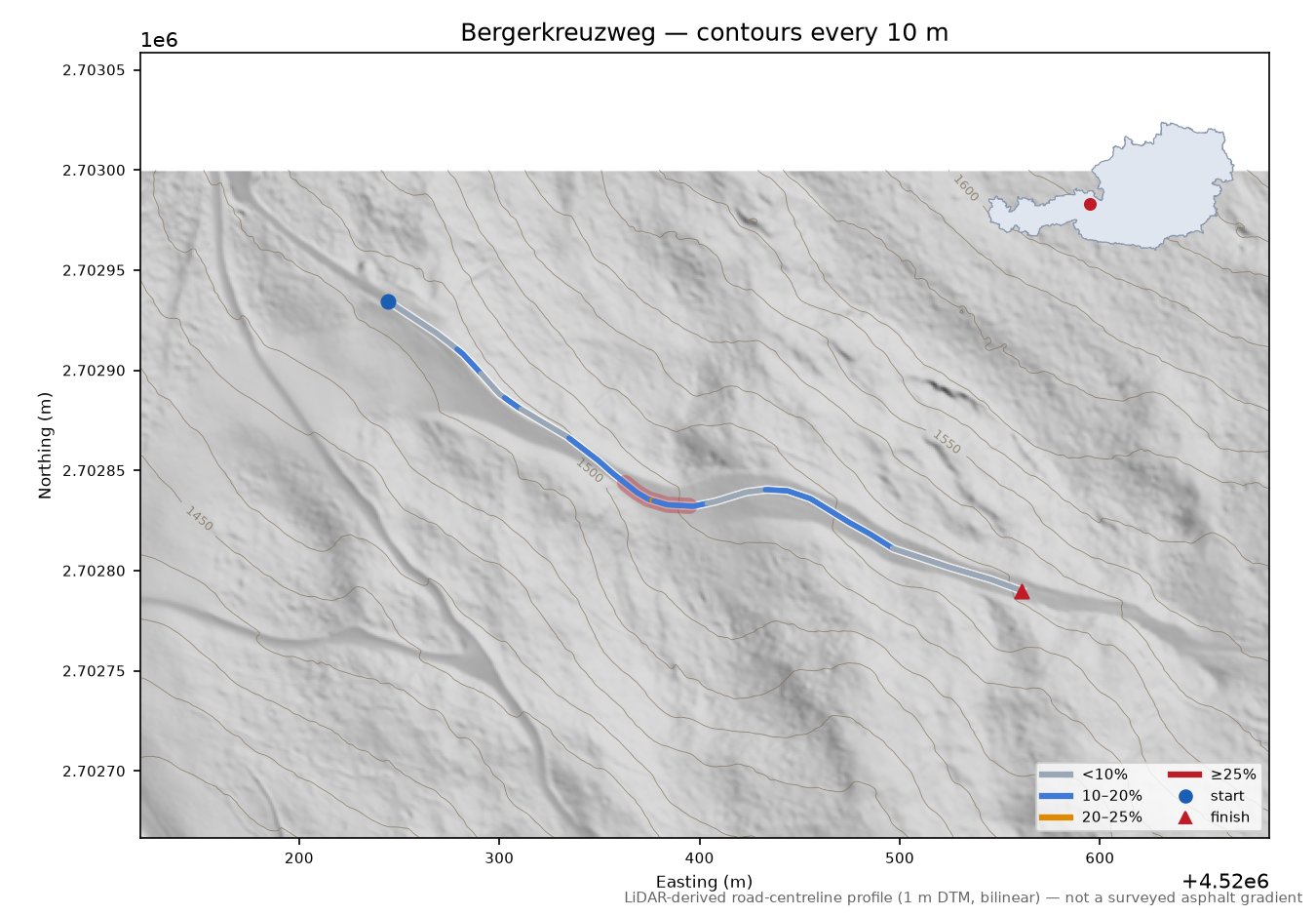 Bergerkreuzweg LiDAR hillshade map with contours