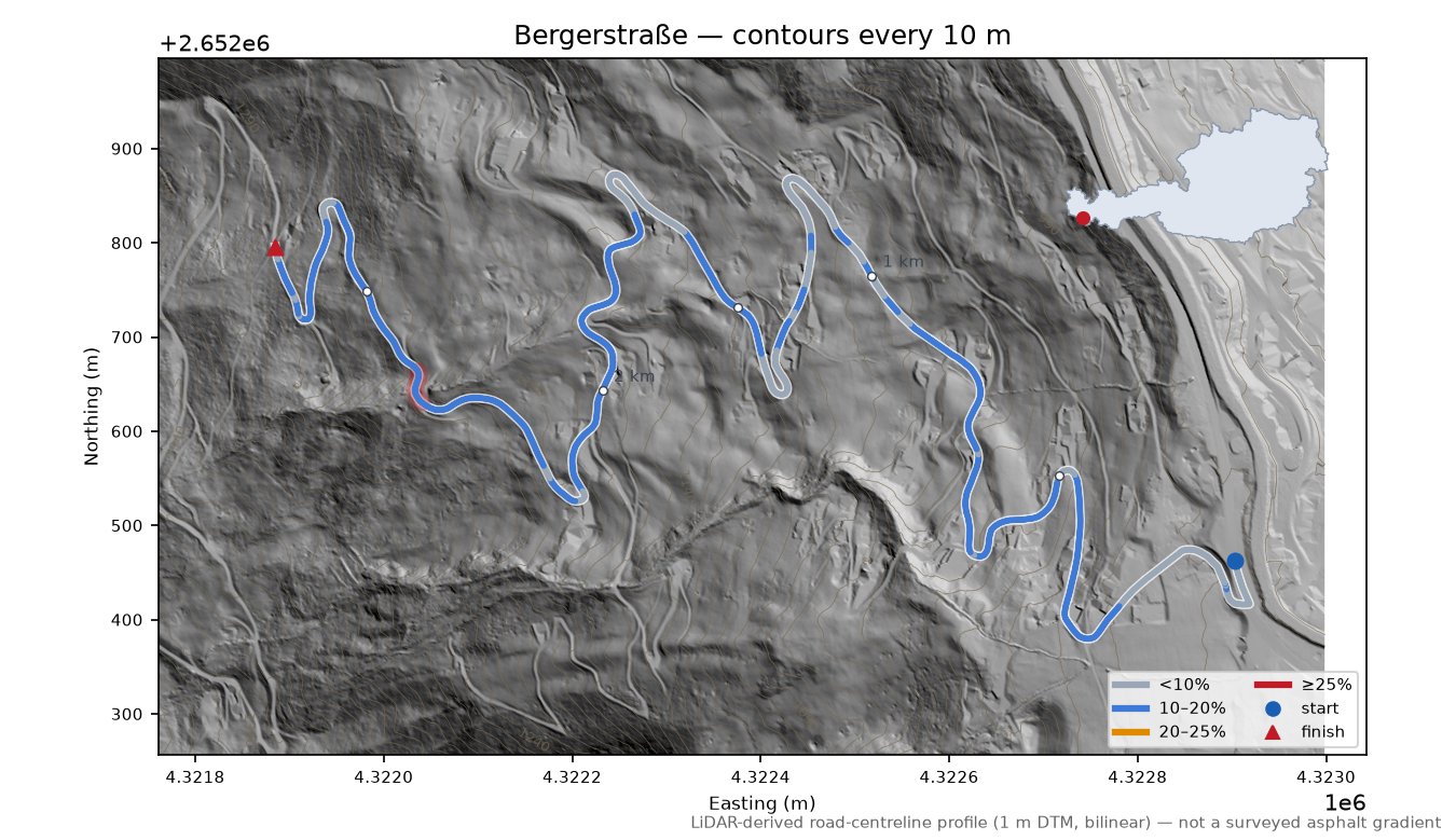 Bergerstraße LiDAR hillshade map with contours
