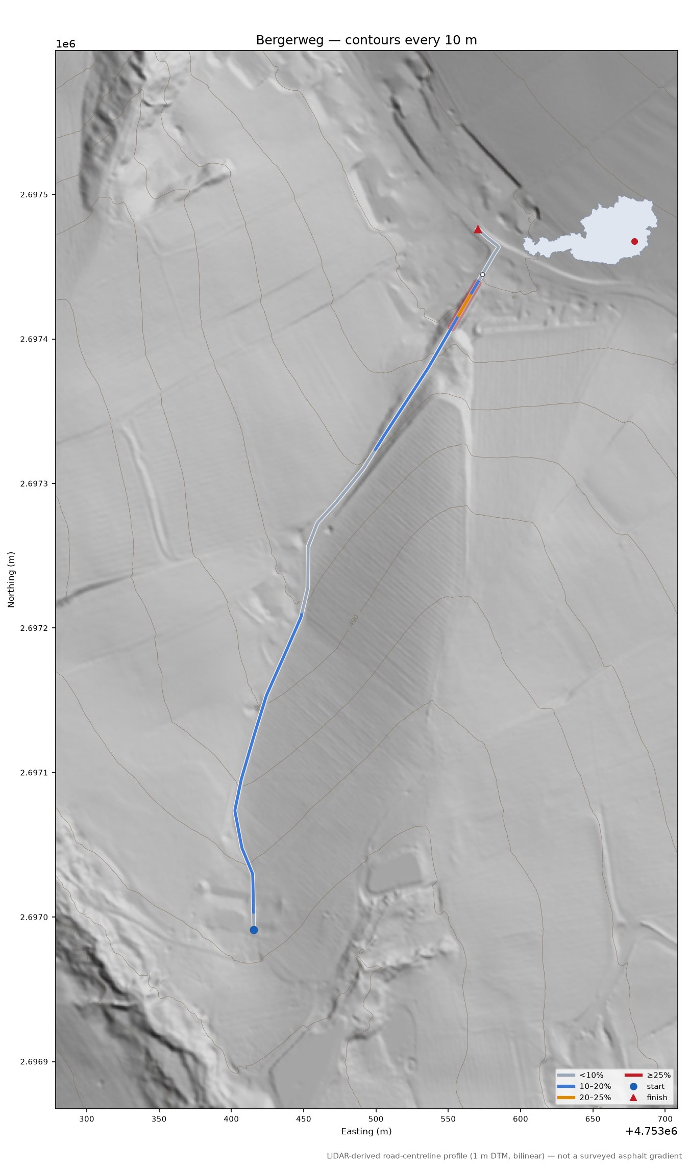 Bergerweg LiDAR hillshade map with contours