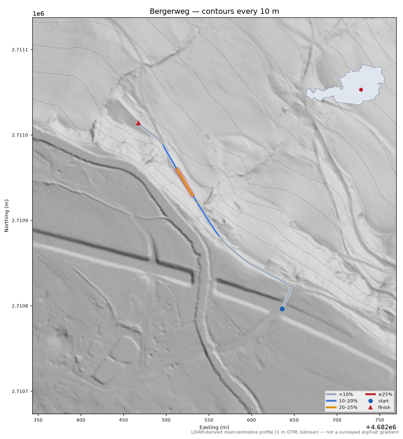 Bergerweg LiDAR hillshade map with contours