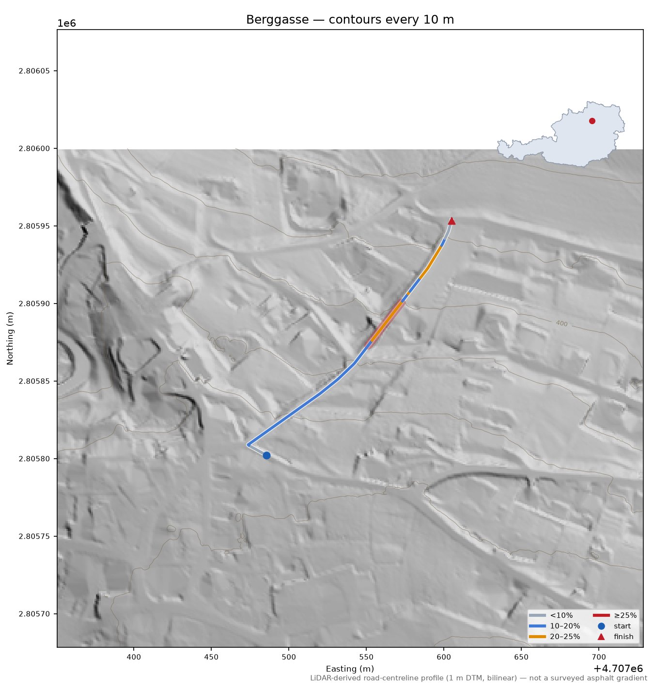 Berggasse LiDAR hillshade map with contours