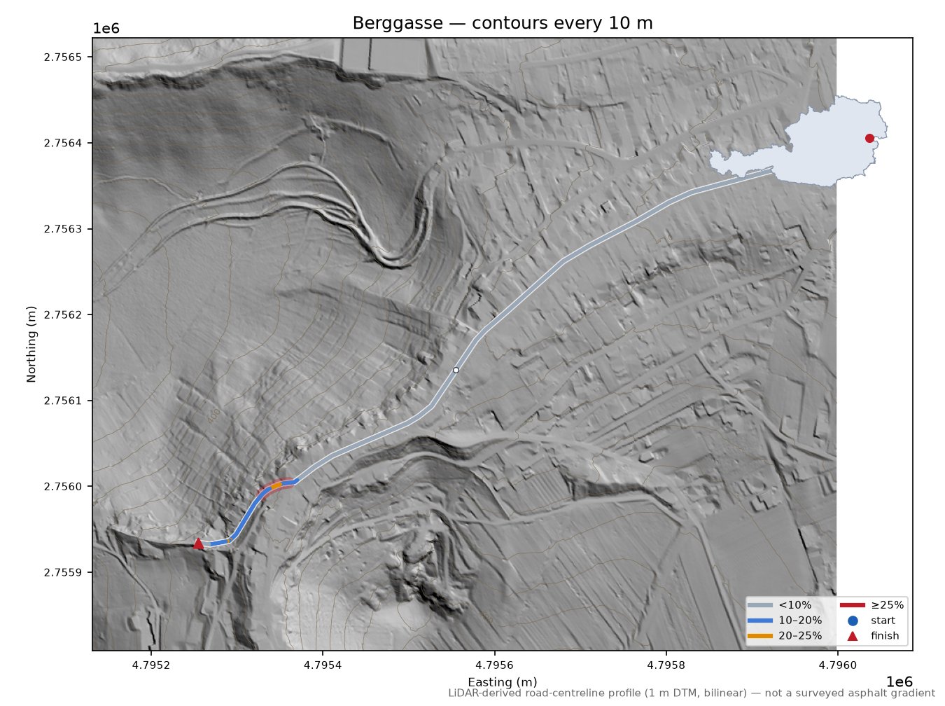 Berggasse LiDAR hillshade map with contours