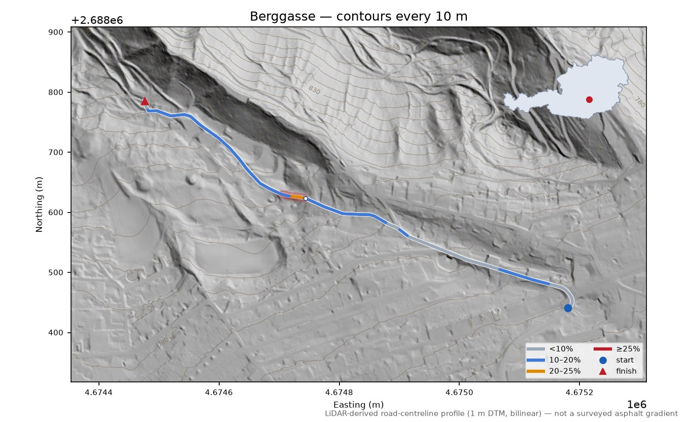 Berggasse LiDAR hillshade map with contours