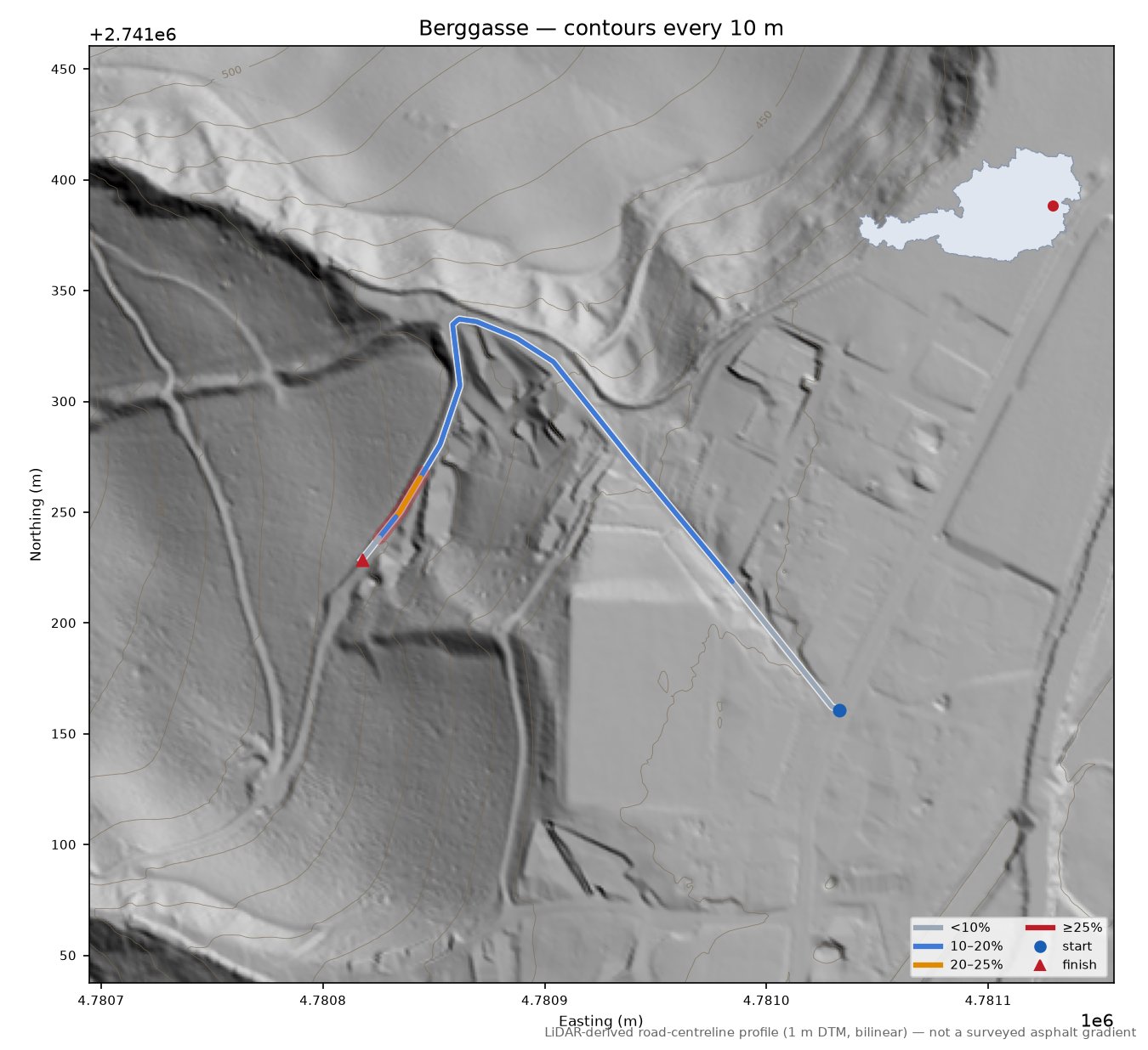 Berggasse LiDAR hillshade map with contours