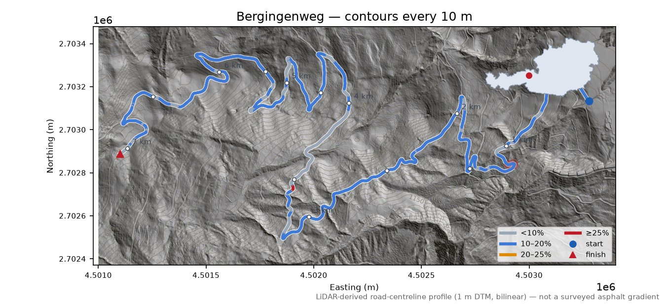 Bergingenweg LiDAR hillshade map with contours