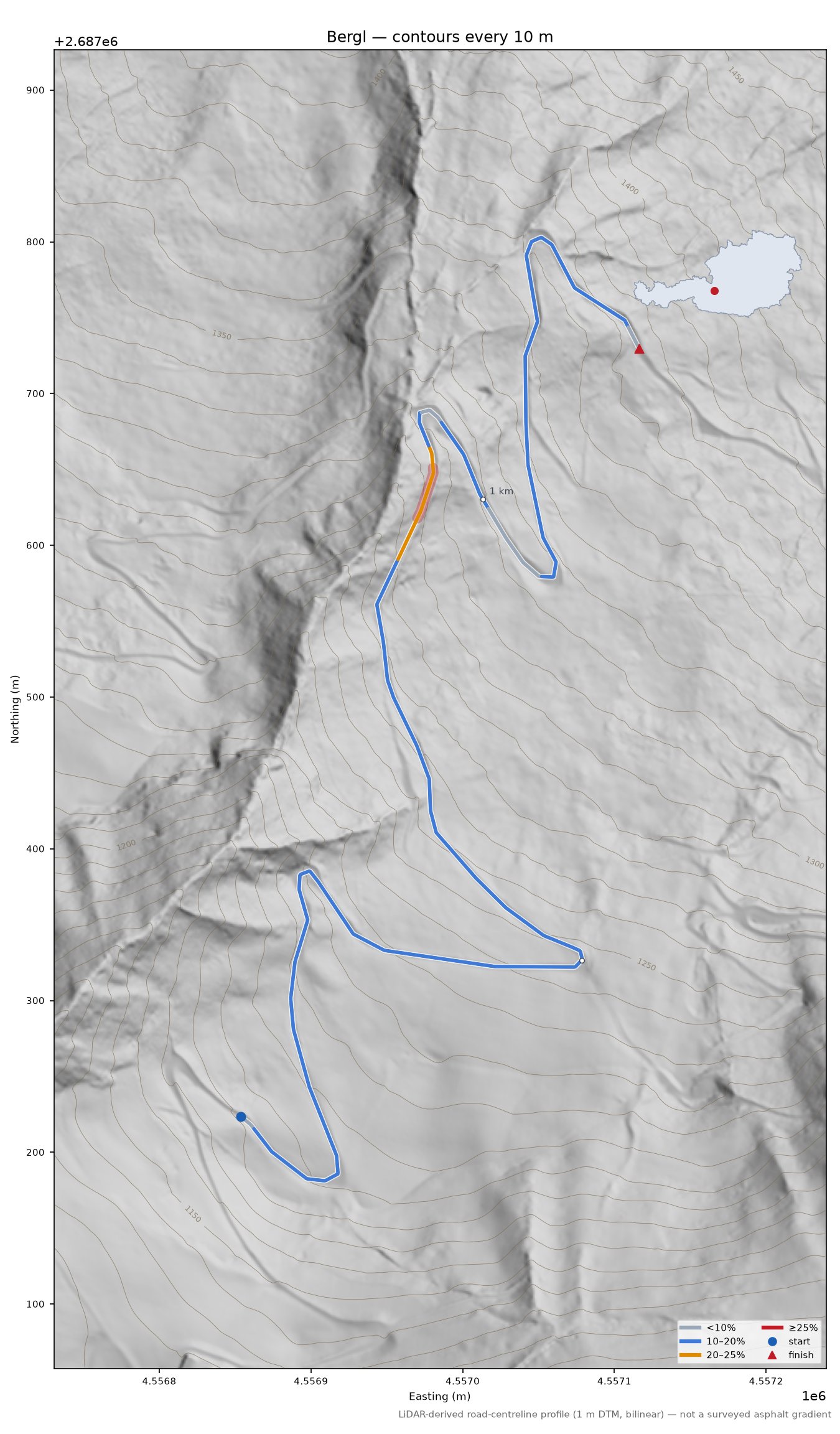 Bergl LiDAR hillshade map with contours