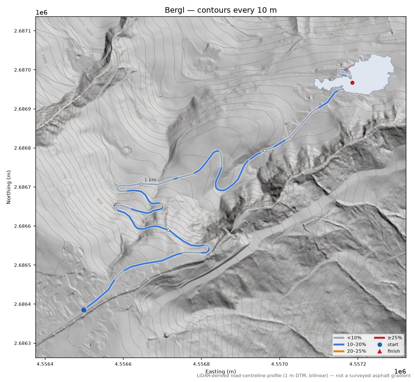 Bergl LiDAR hillshade map with contours