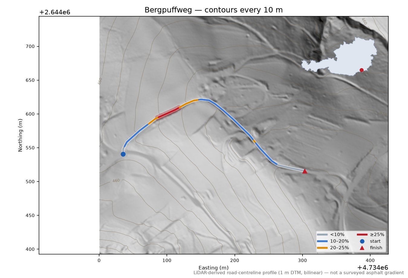 Bergpuffweg LiDAR hillshade map with contours