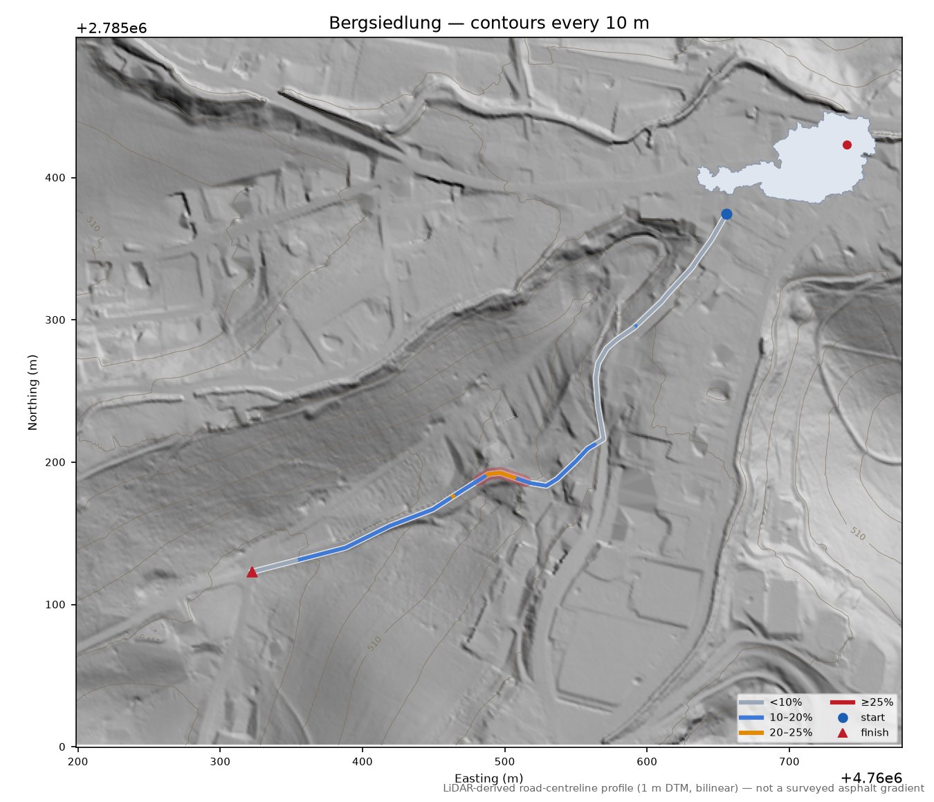 Bergsiedlung LiDAR hillshade map with contours