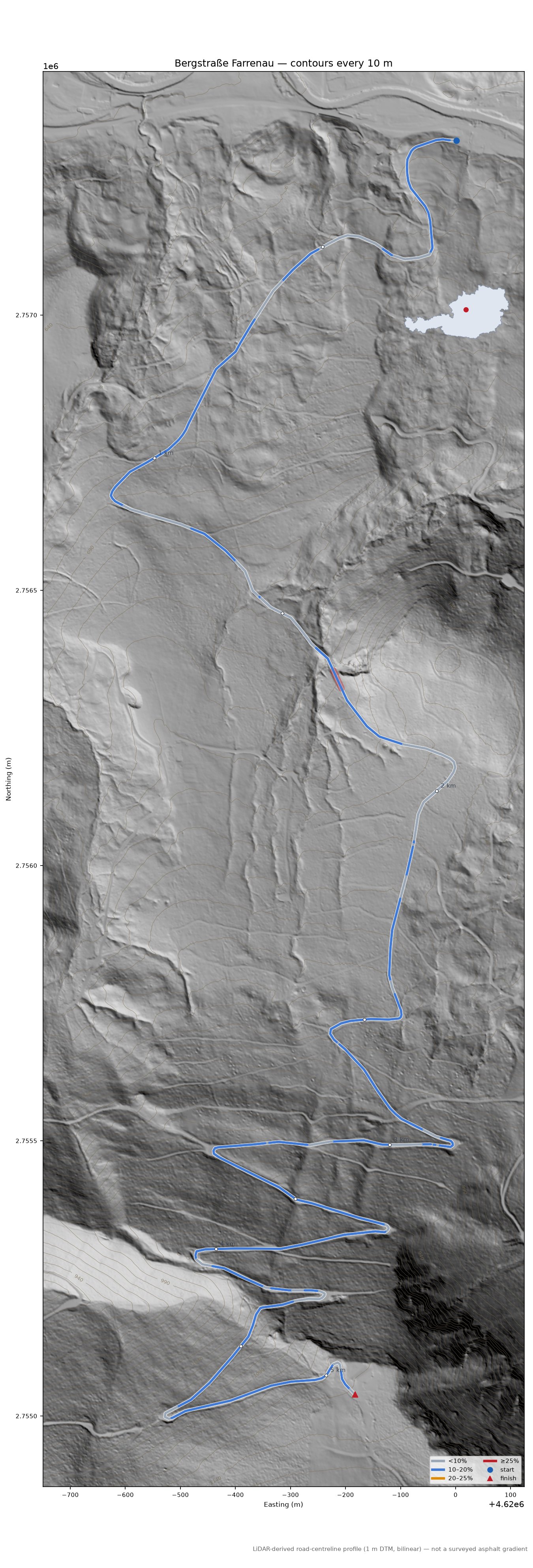 Bergstraße Farrenau LiDAR hillshade map with contours