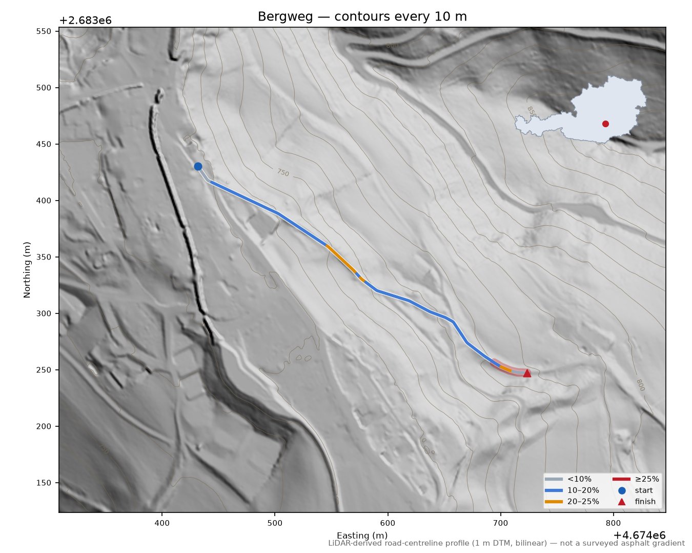 Bergweg LiDAR hillshade map with contours