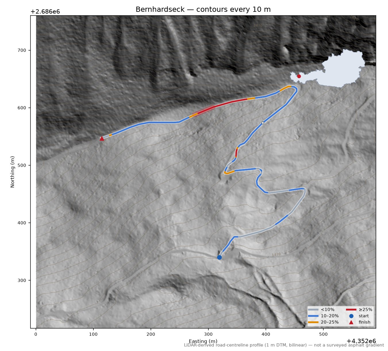 Bernhardseck LiDAR hillshade map with contours