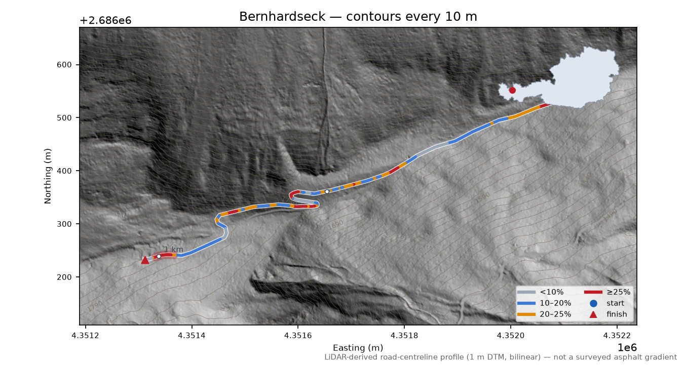 Bernhardseck LiDAR hillshade map with contours
