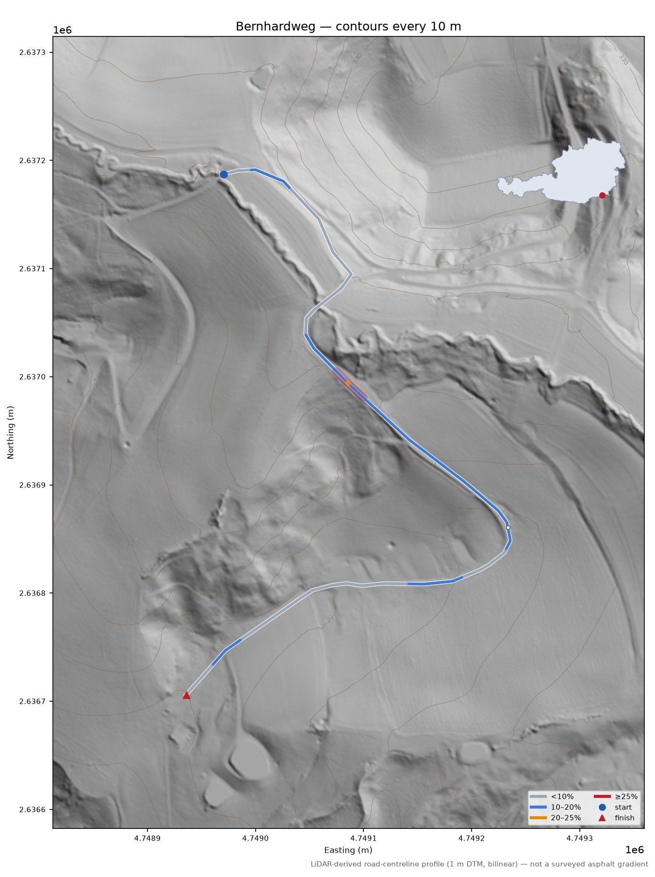 Bernhardweg LiDAR hillshade map with contours