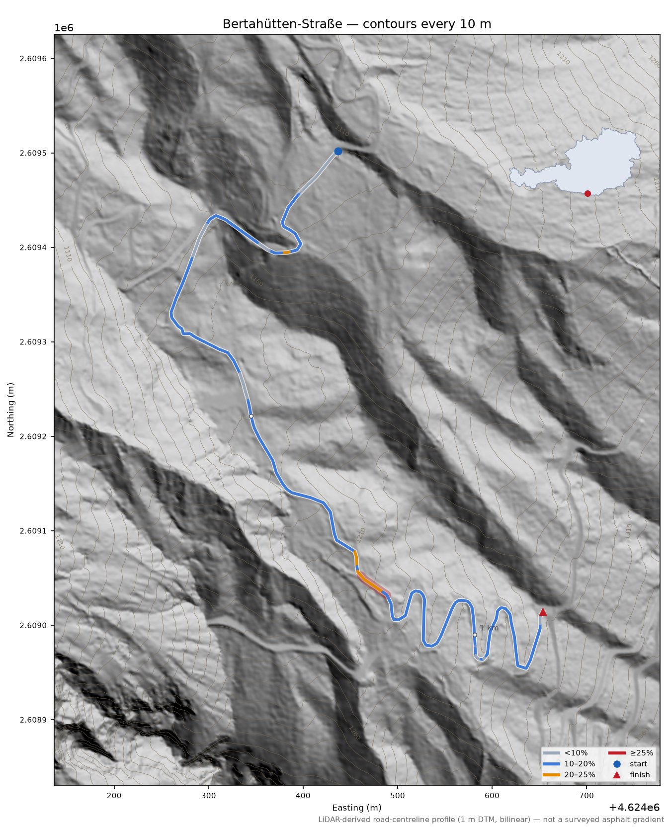 Bertahütten-Straße LiDAR hillshade map with contours