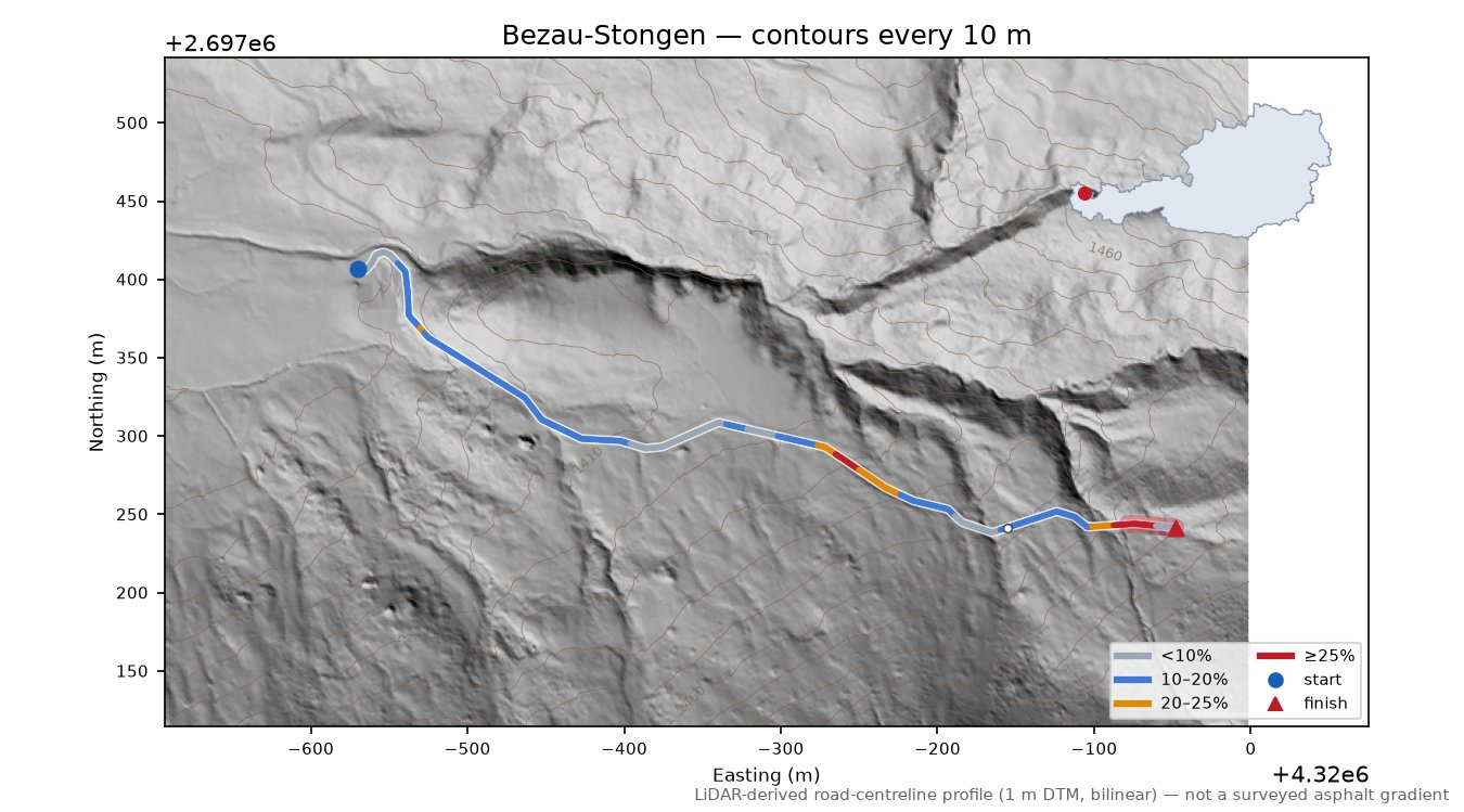 Bezau-Stongen LiDAR hillshade map with contours