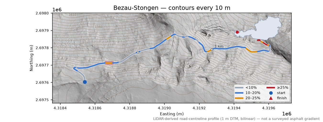 Bezau-Stongen LiDAR hillshade map with contours