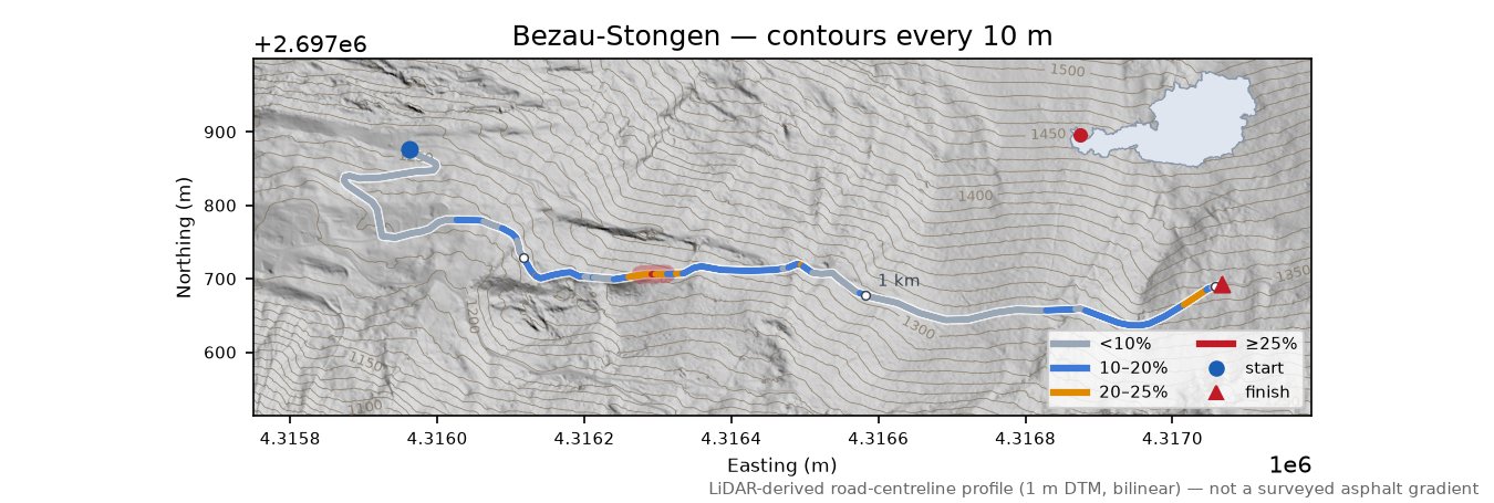 Bezau-Stongen LiDAR hillshade map with contours